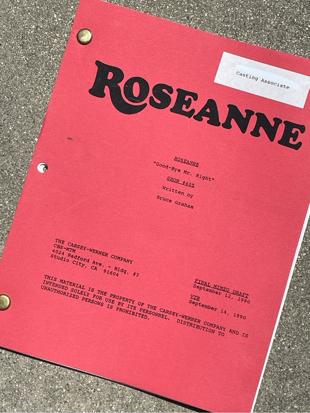 Roseanne Vtg 1991 Production Used Final Mimeo Draft Script Good-bye Mr. Right